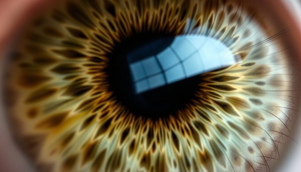A close-up view of an iris, revealing its intricate patterns and textures. The image is captured with a high-resolution macro lens, showcasing the delicate ridges, furrows, and crypts that make up the unique structure of the iris. The lighting is soft and diffused, creating a sense of depth and highlighting the subtle variations in pigmentation. The focus is sharp, allowing the viewer to clearly observe the detailed analysis of the iris, including potential signs of imbalances or health conditions. The overall mood is one of scientific exploration and close examination, inviting the viewer to delve deeper into the fascinating world of iridology.