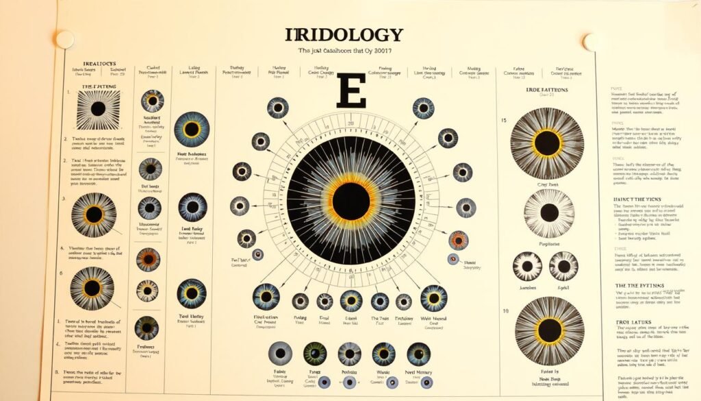A high-quality, detailed iridology eye chart guide, illuminated by warm, natural lighting. The chart is displayed on a clean, minimalist background, allowing the eye pattern details to take center stage. The chart showcases a variety of iris patterns, each annotated with precise labels and information. The overall composition conveys a sense of scientific objectivity and educational purpose, suitable for illustrating the "Ethical Considerations and Limitations" section of the article.