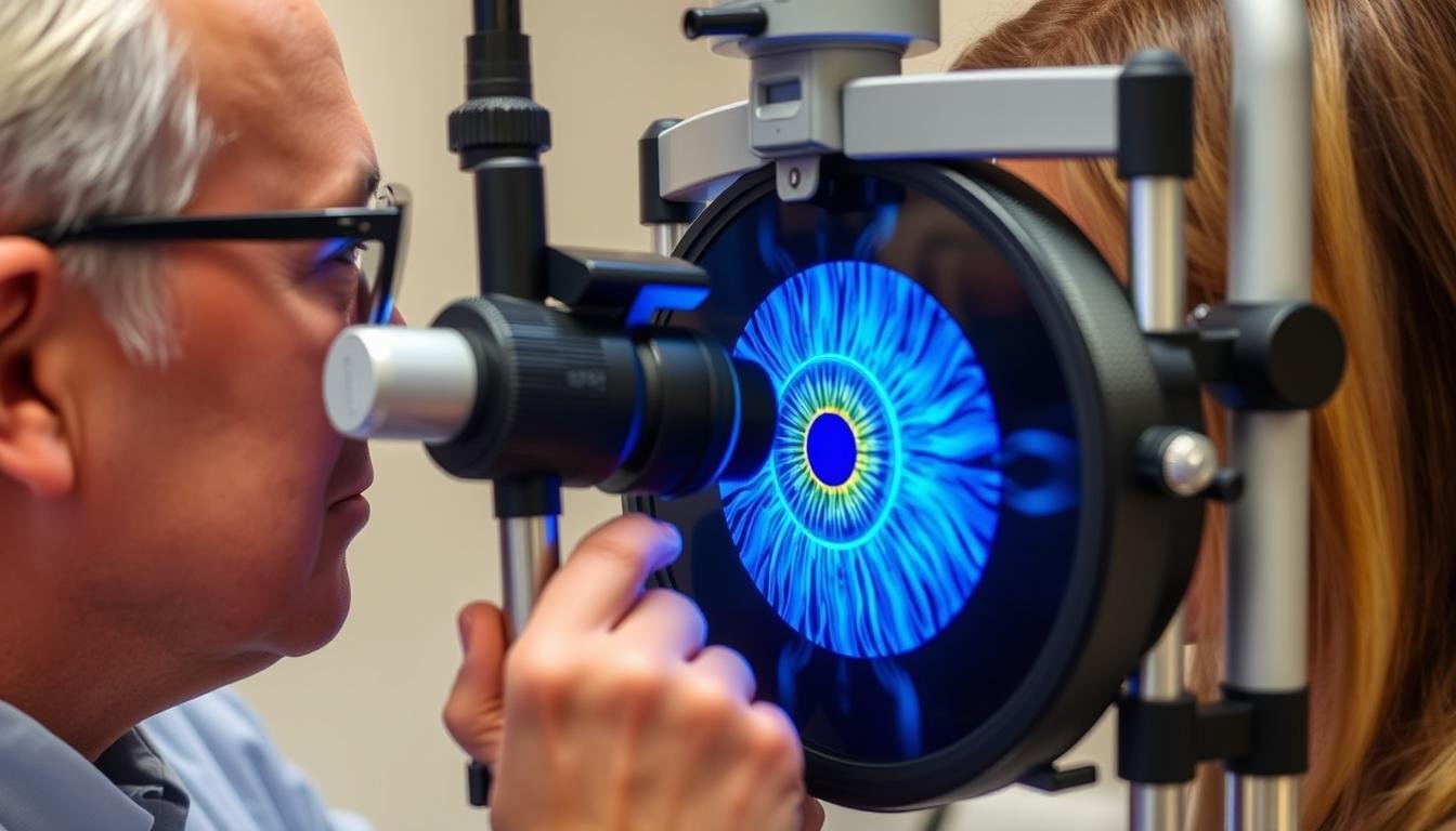 An iridologist examining a patient's iris with specialized equipment