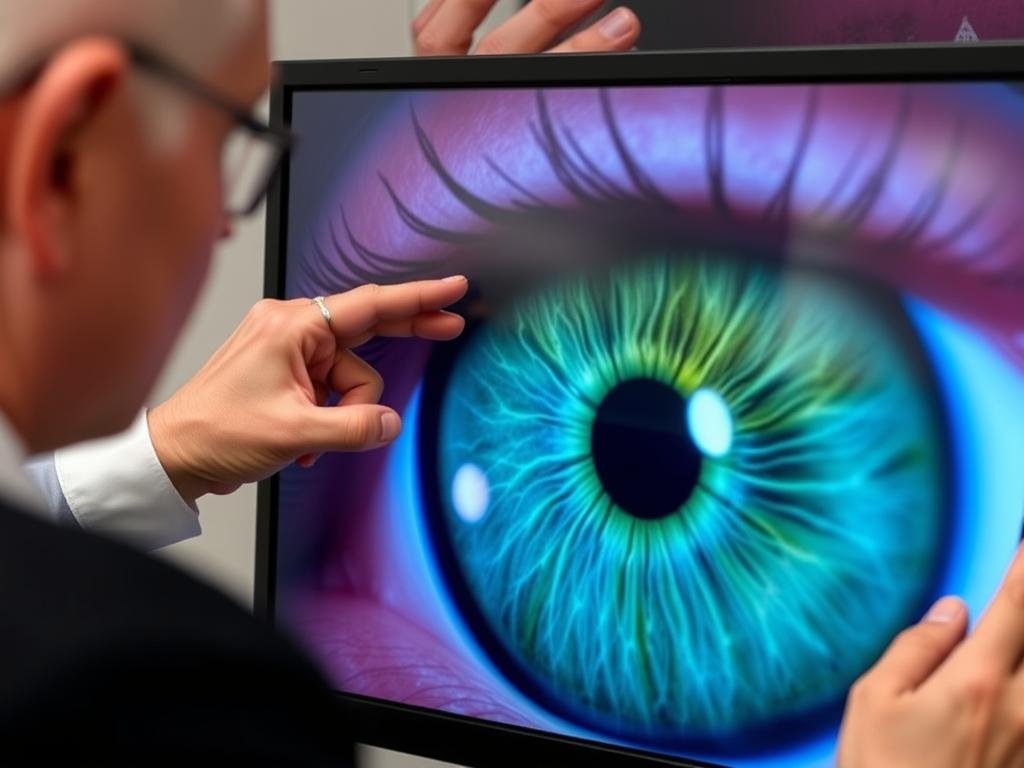 An iridologist pointing out specific markings in an iris that they interpret as health indicators