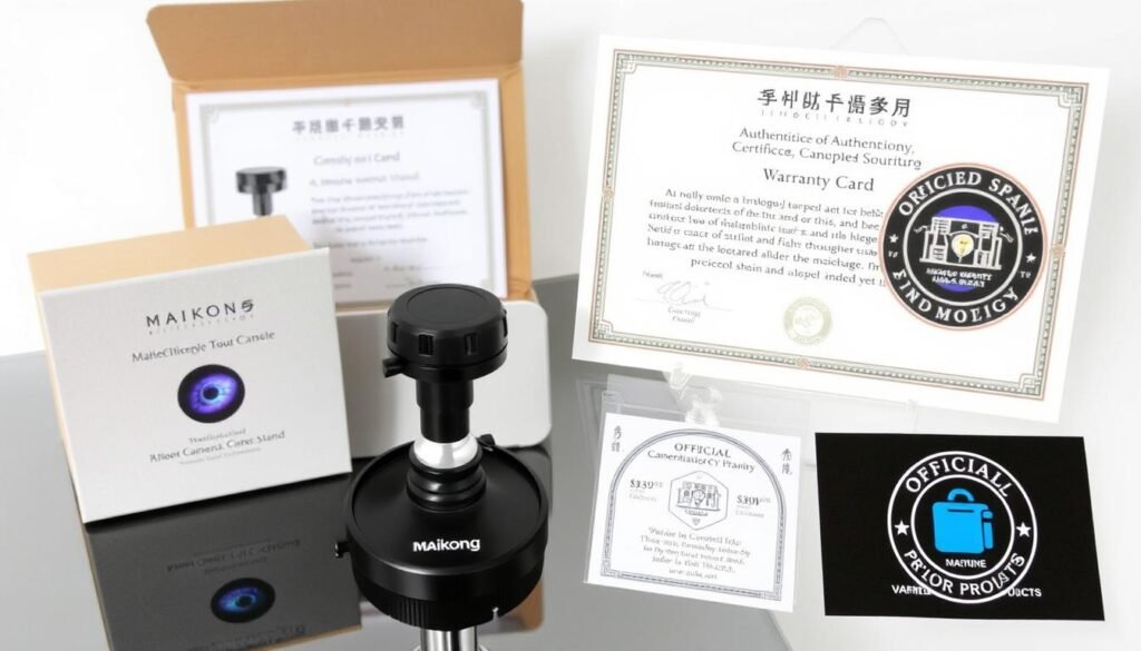 Authentic Maikong iridology camera stand packaging and certificate of authenticity