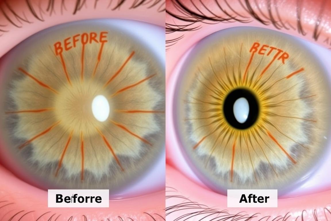 Before and after comparison of stress rings in eyes following treatment