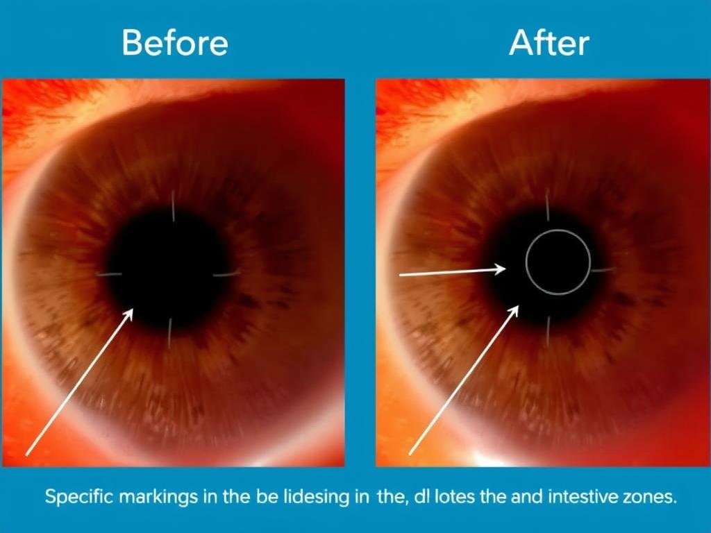 Before and after iris images showing changes in digestive health zones