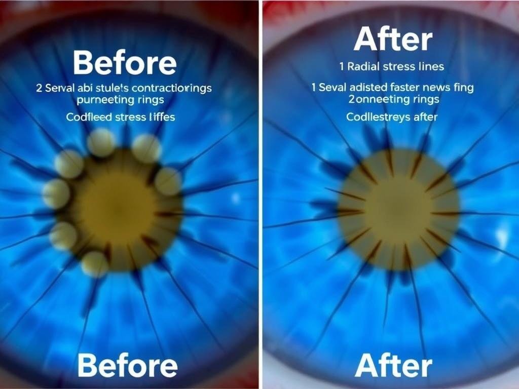Before and after iris images showing stress indicators - real iridology examples from practice