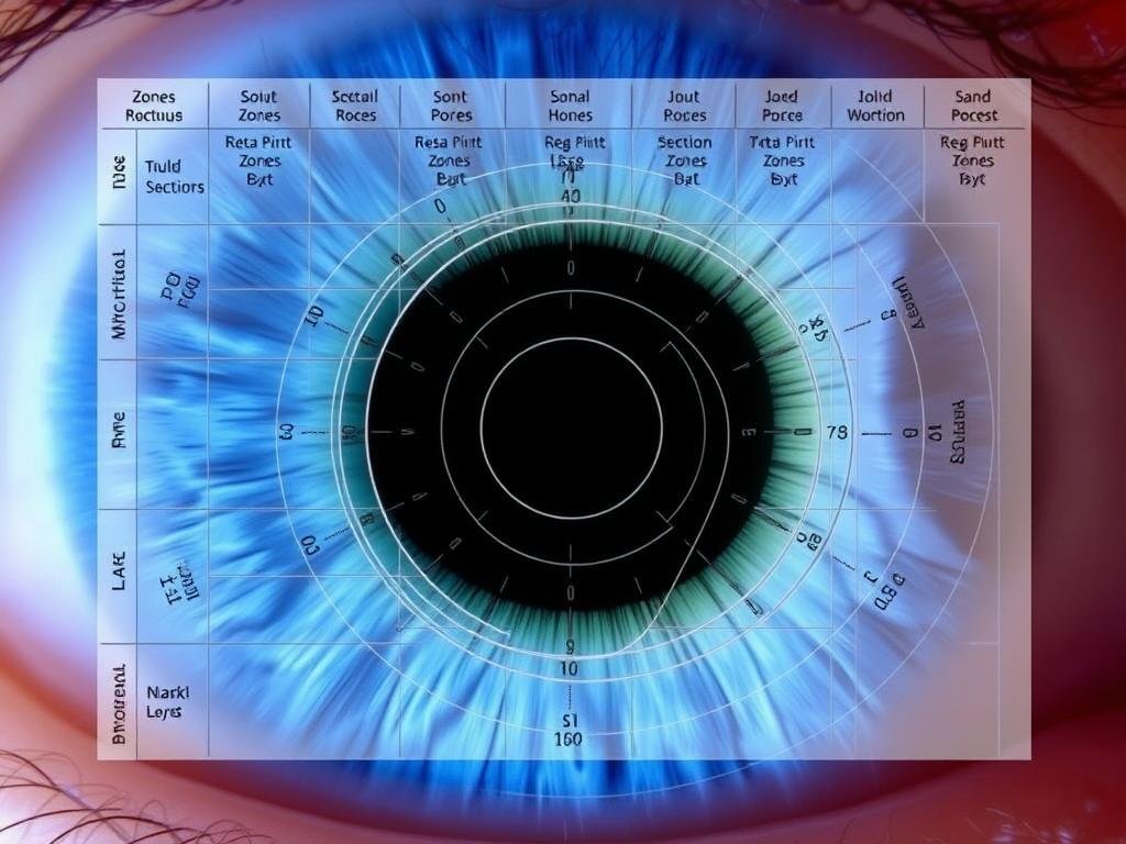 Close-up of an iris with iridology chart overlay showing different zones Close-up of an iris with iridology chart overlay showing different zones