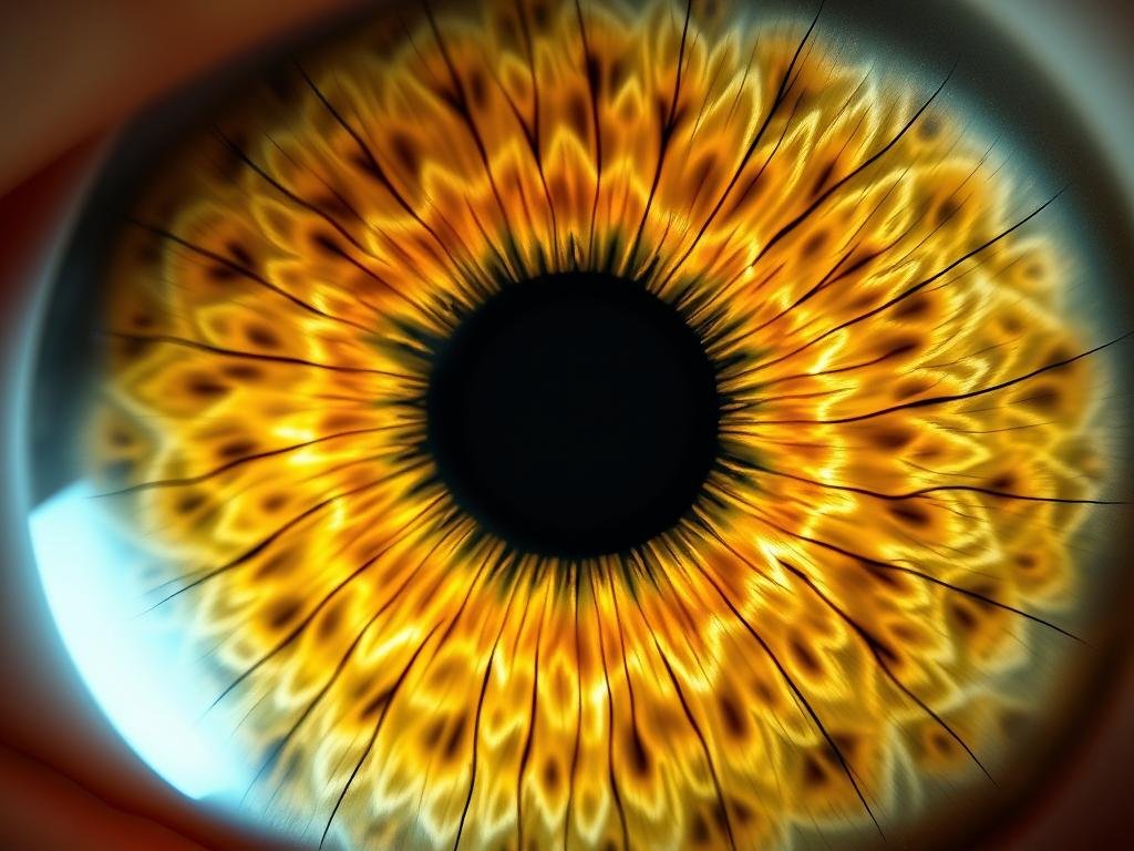 Close-up of iris showing different markings used in iridology diagnosis
