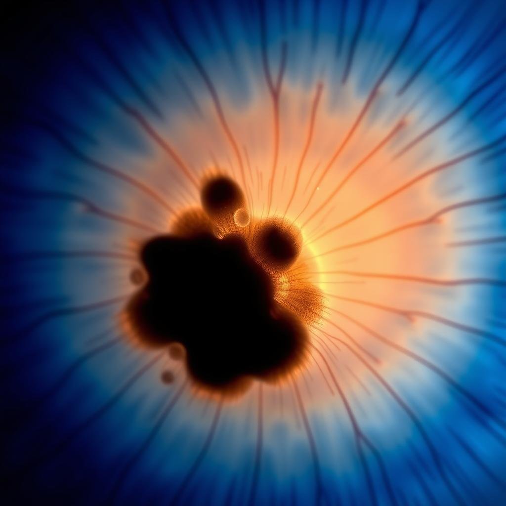 Close-up of lacunae or crypts in left eye iris showing tissue separation