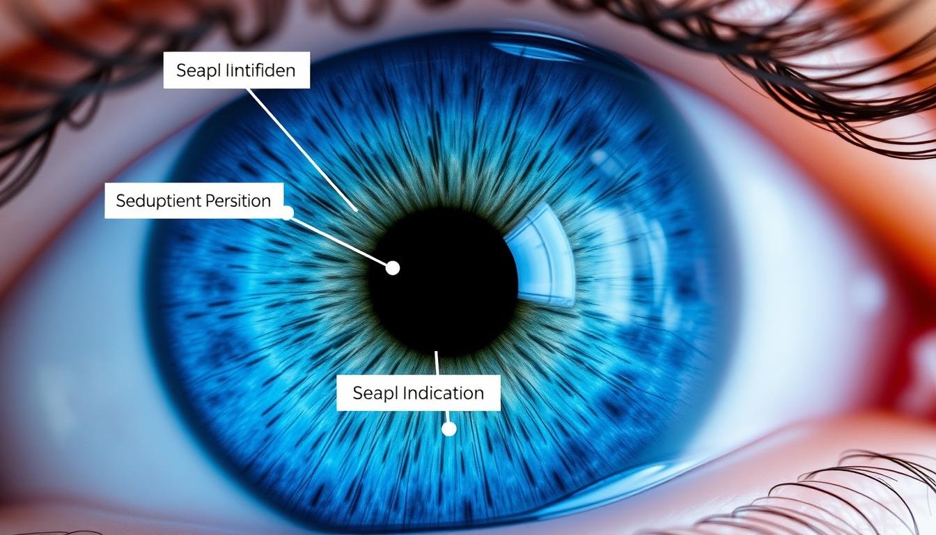 Close-up of left iris with highlighted zones showing different health indicators