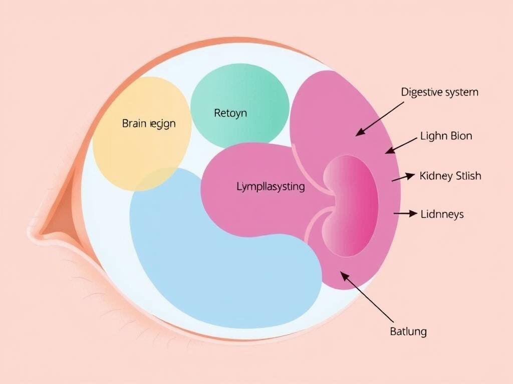 Close-up of right eye with highlighted zones showing the brain, digestive, and lymphatic system regions according to iridology chart right eye mapping