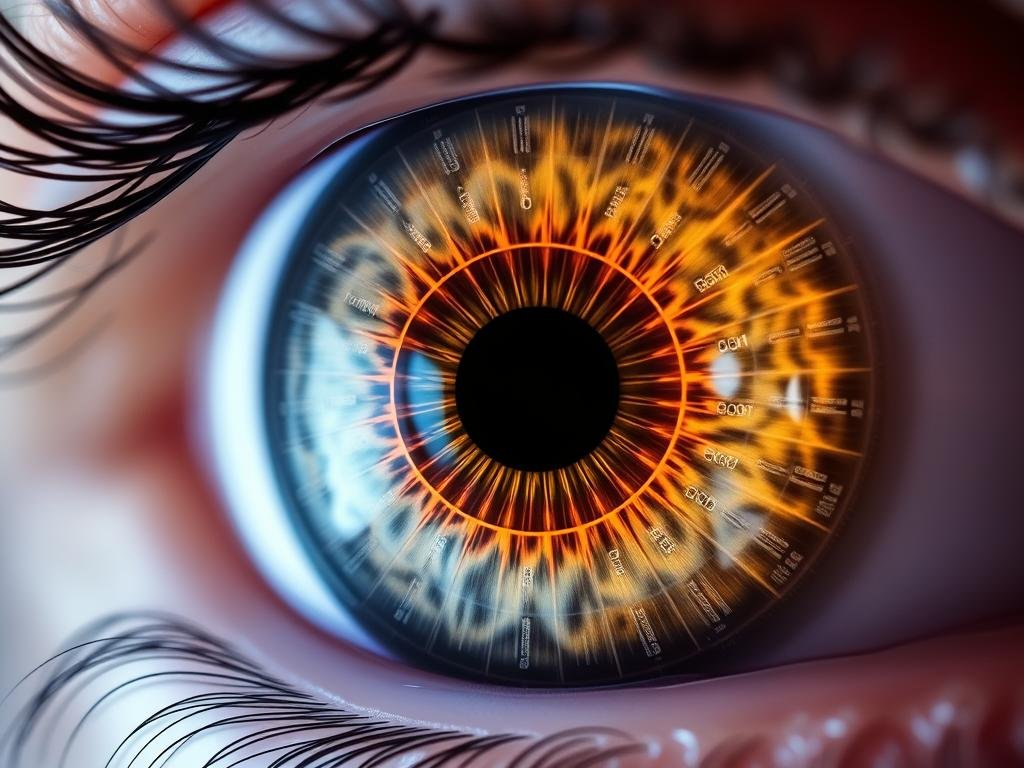 Close-up of right iris with iridology chart overlay showing organ mappings