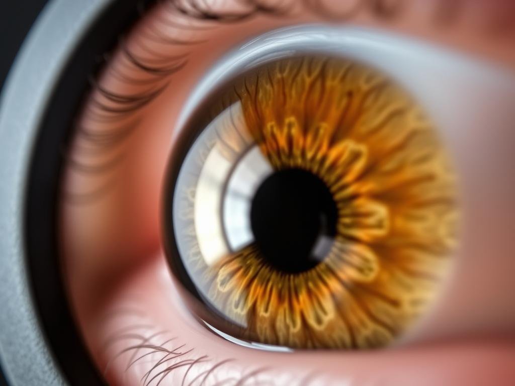 Close-up of the Pebble 8.2 Iridology Camera lens system capturing an iris image