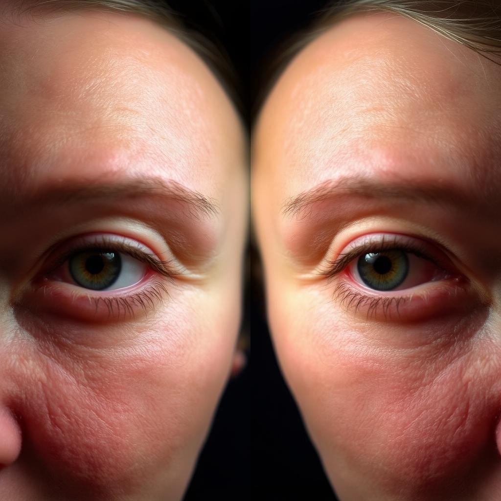 Comparison of hydrated vs dehydrated skin around eyes showing eye stress rings