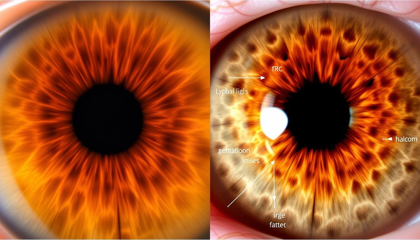 Comparison of iris patterns showing what iridologists interpret as healthy versus unhealthy indicators