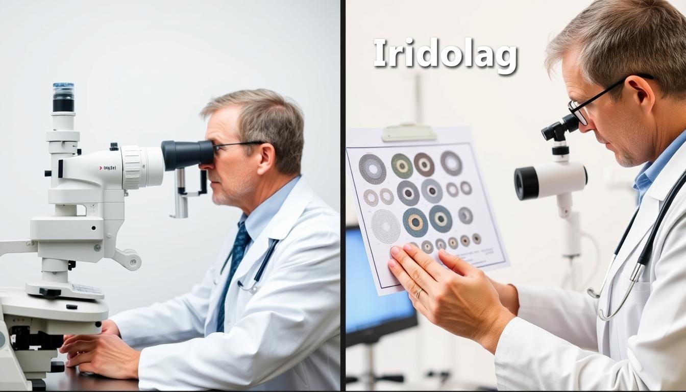 Comparison of traditional medical eye examination and iridology assessment showing different approaches to eye analysis