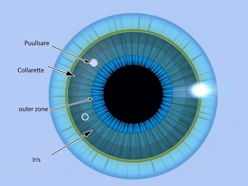 Cross-section view of iris layers showing the pupillary zone, collarette, and ciliary zone