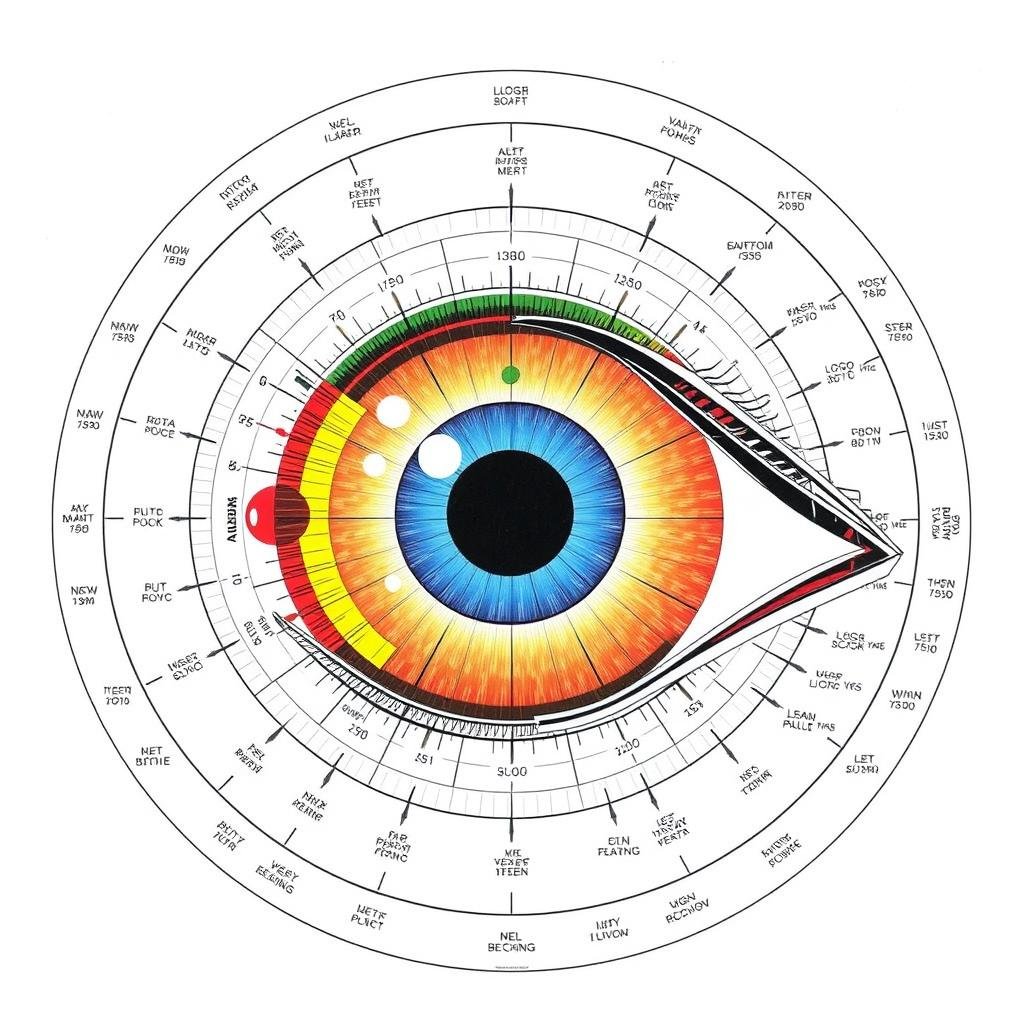 Detailed iridology chart left eye with labeled zones and corresponding body systems