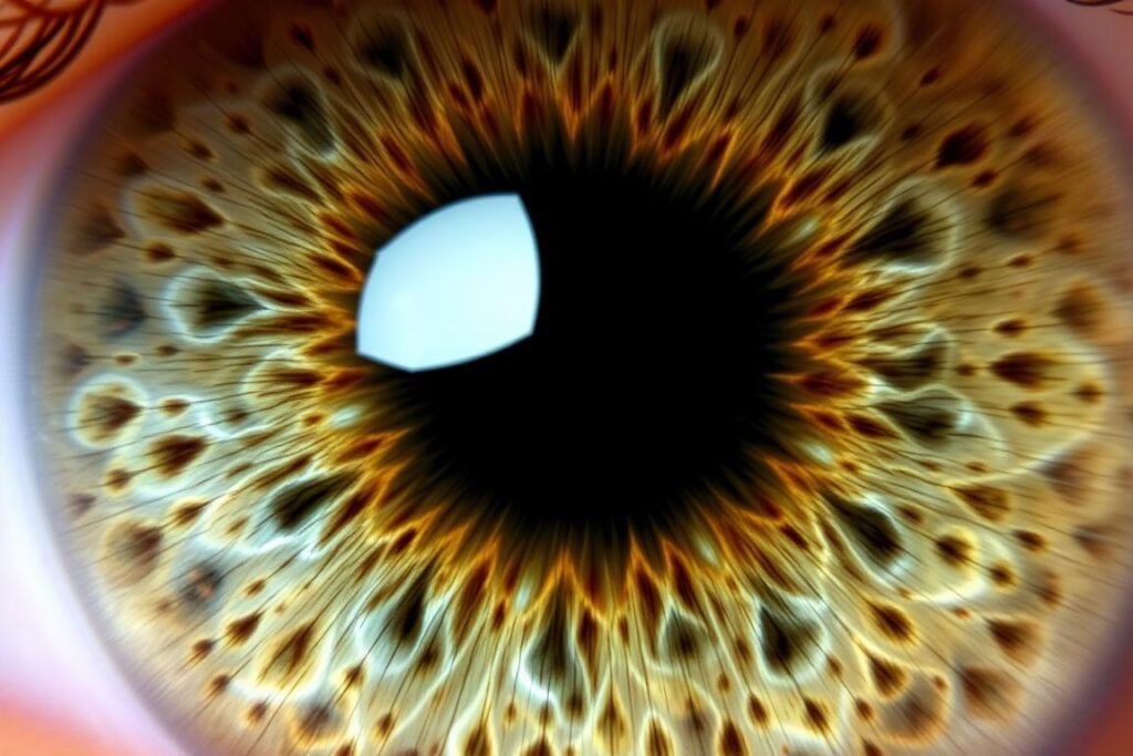 Detailed iris image captured by the Pebble 8.2 Iridology Camera showing various health indicators