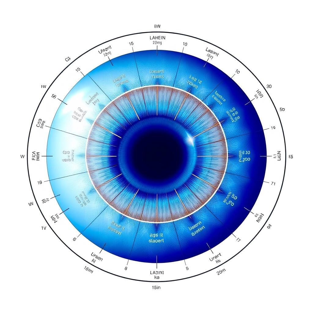 Detailed left eye iridology chart showing all zones and corresponding body systems with labels
