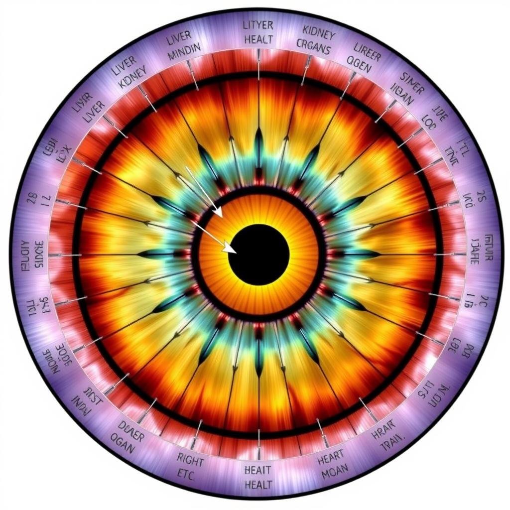 Detailed right eye iridology chart showing labeled zones corresponding to different body organs and systems