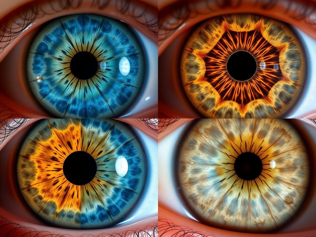 Different iris constitution types showing various colors and patterns