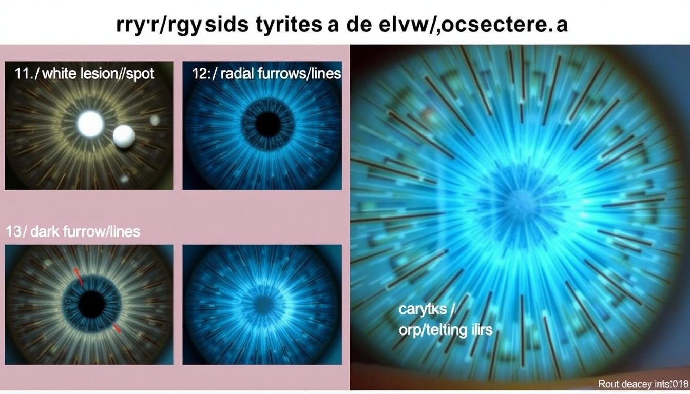 Different iris markings showing lesions, crypts, and pigmentation variations used in iridology chart right eye analysis