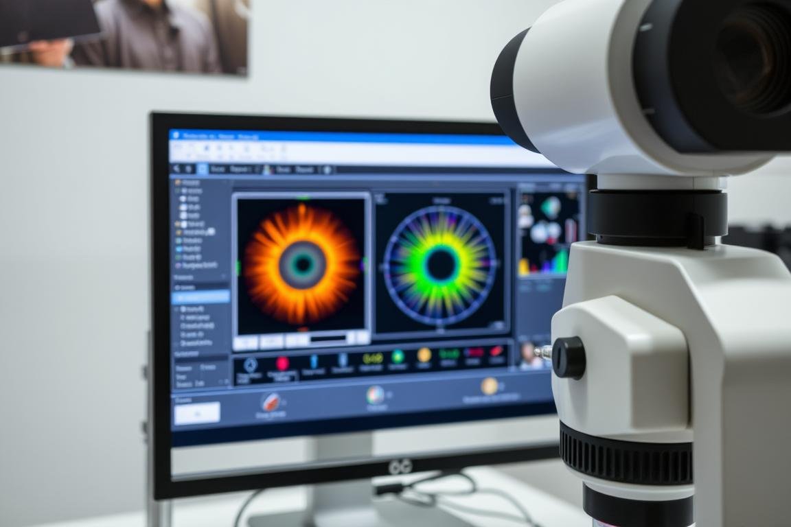 Digital Iriscopio with software interface showing iris analysis