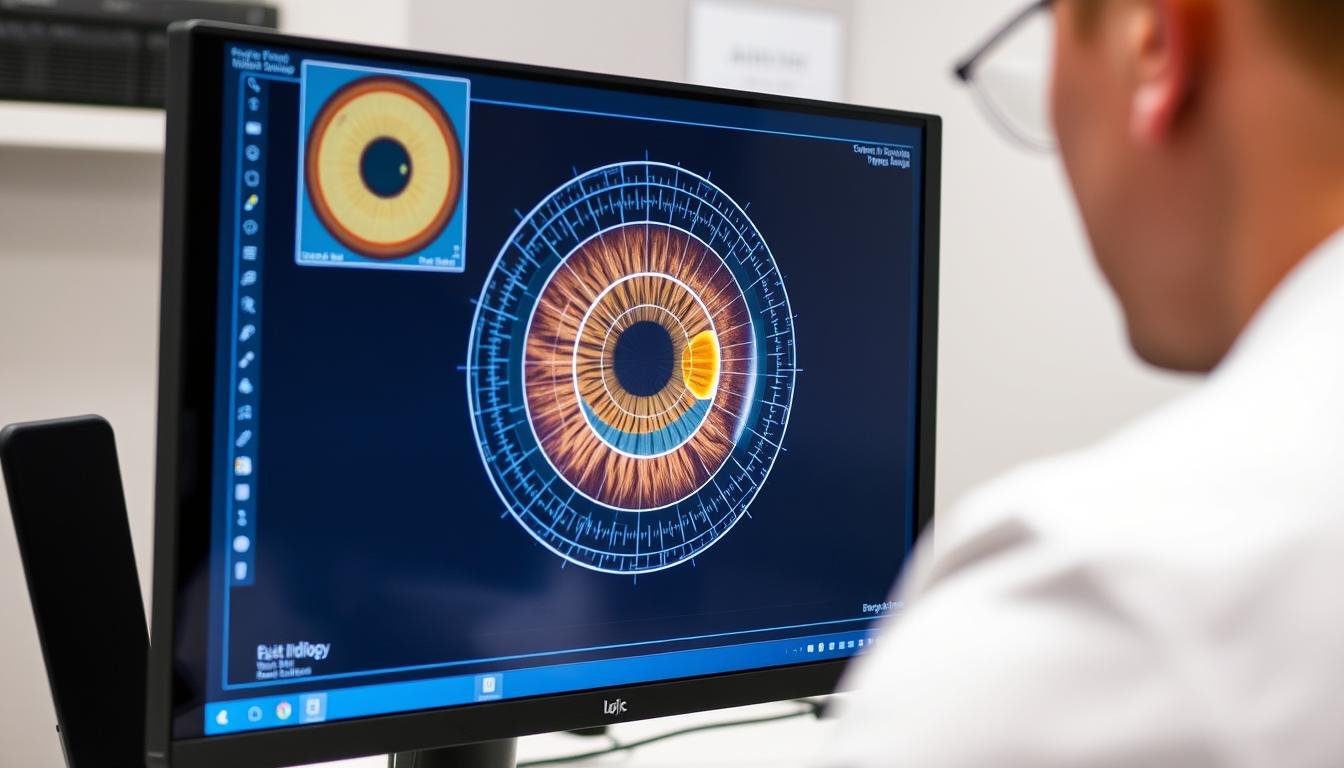 Digital iridology analysis software showing iris mapping and health indicators