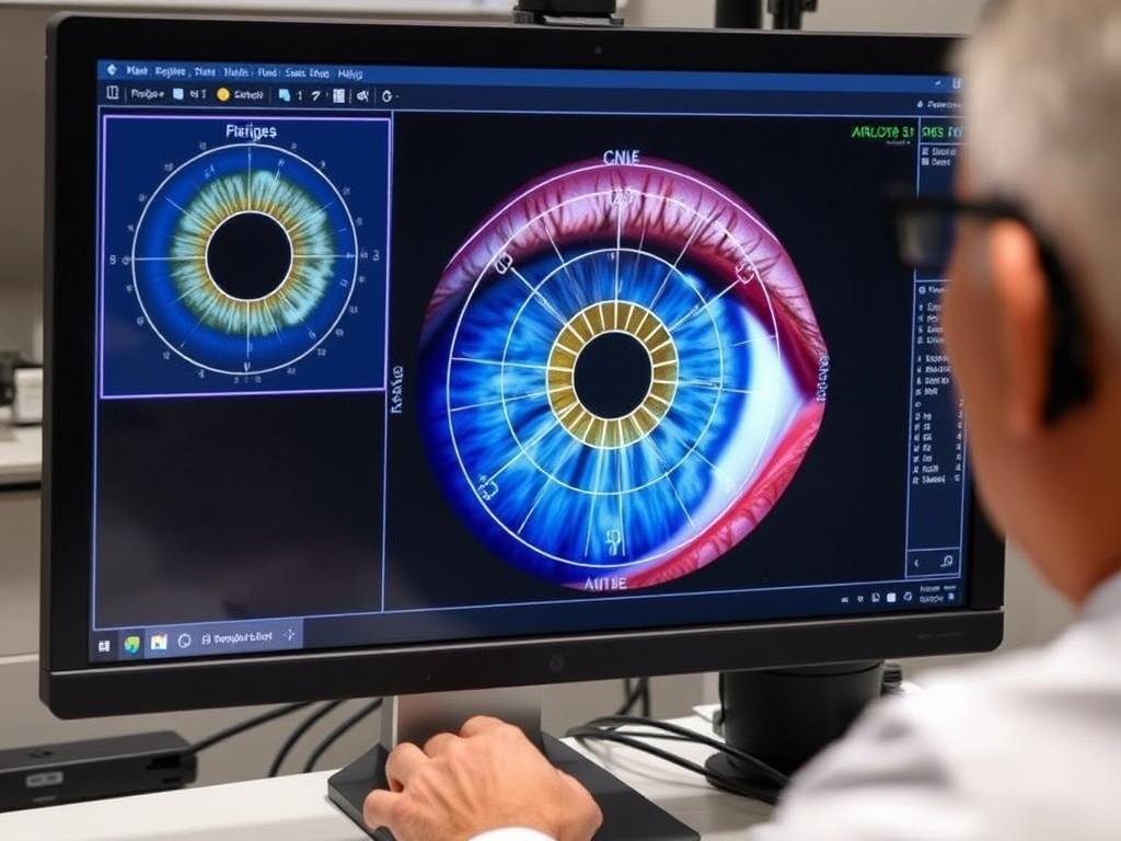 Digital iridology software analyzing iris patterns on a computer screen