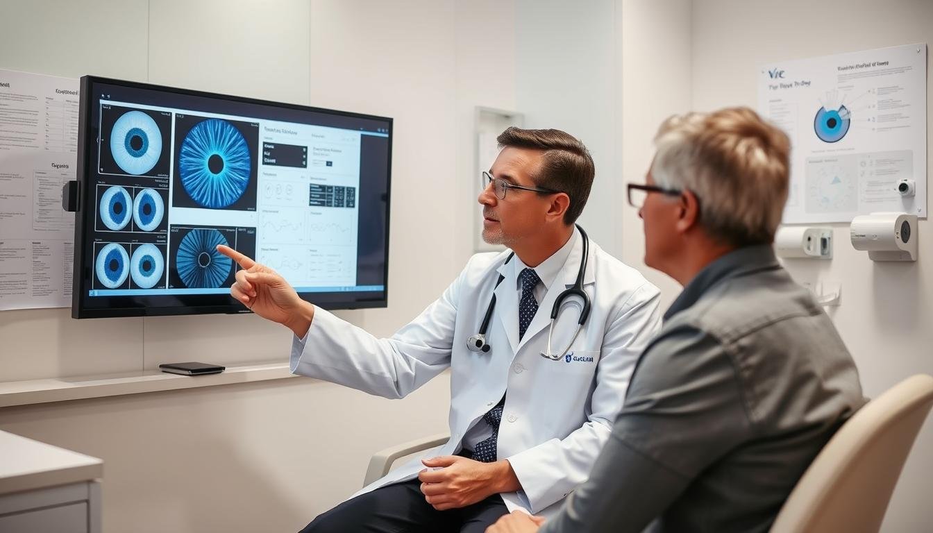 Doctor discussing eye examination results with patient, demonstrating the importance of professional eye reading for health