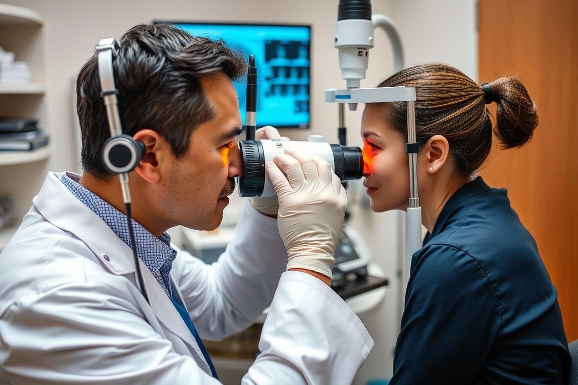 Doctor examining patient's retina using modern diagnostic equipment for eye reading for health assessment