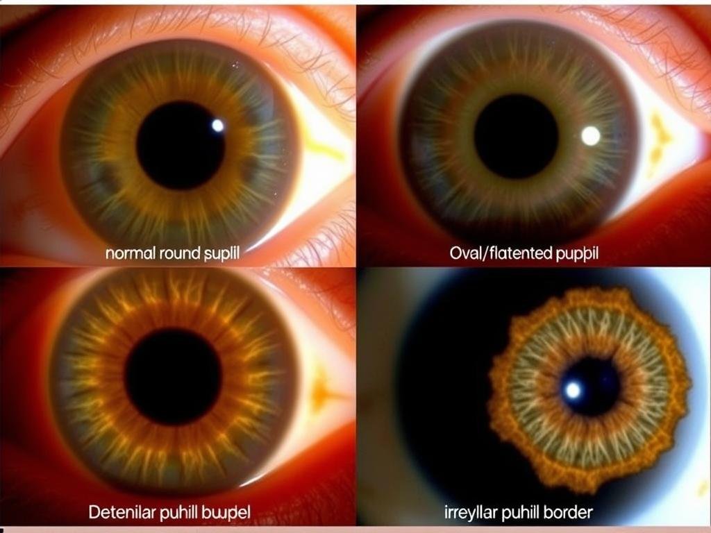 Examples of different pupil shapes and positions in iridology analysis