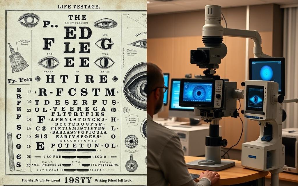 Historical illustration of early eye reading practices compared with modern ophthalmology equipment