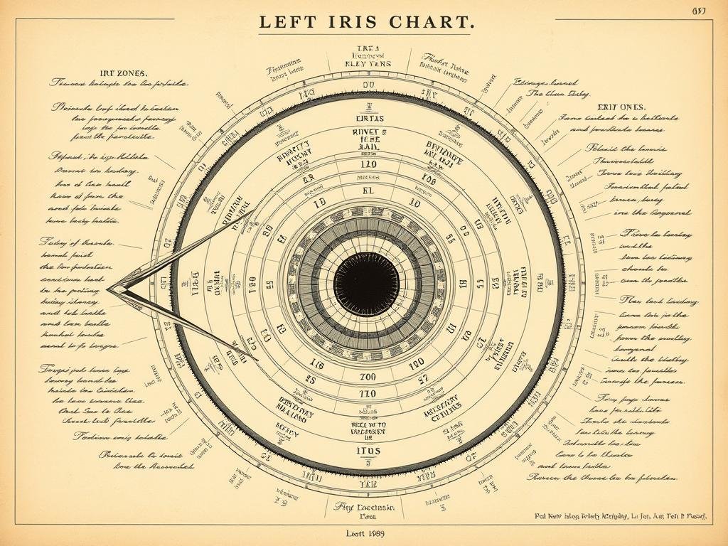 Historical left eye iridology chart developed by Ignatz von Peczely showing the mapping of body systems
