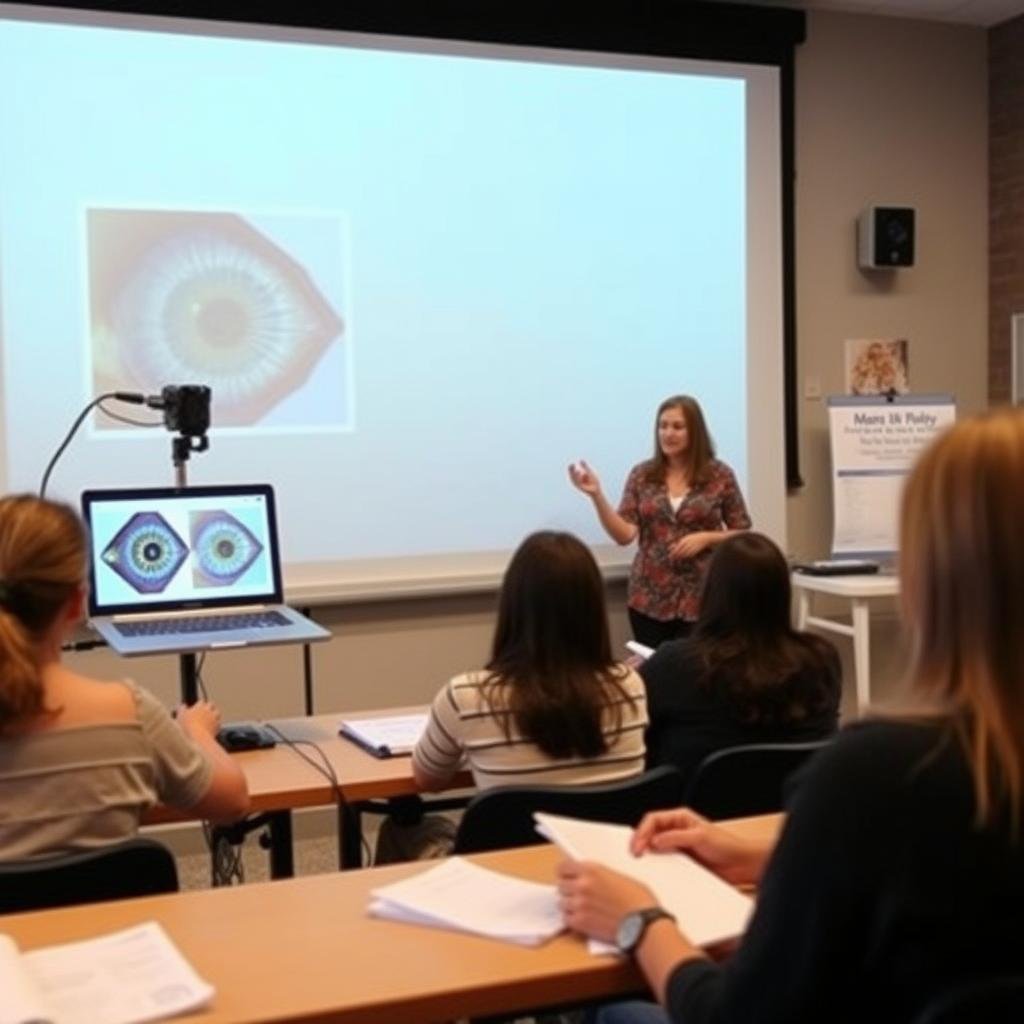 Holistic health educator teaching iridology with Maikong camera and Mac projection