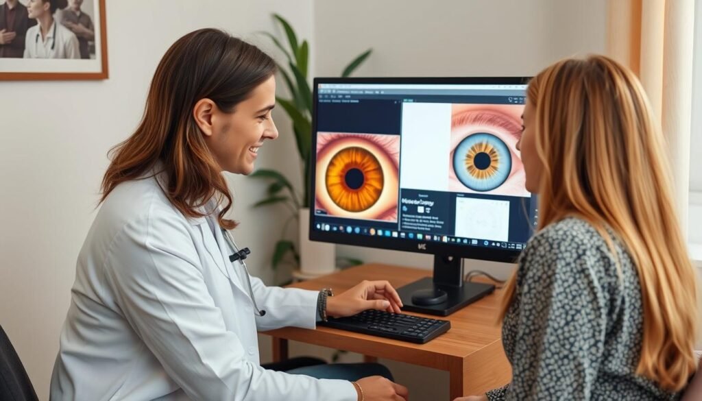 Holistic health practitioner using MAIKONG iridology software with client