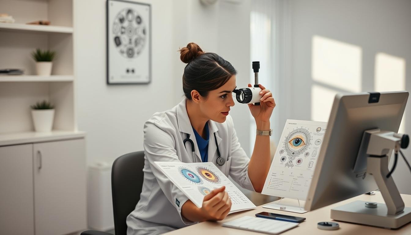Holistic health practitioner using iridology chart during a client consultation