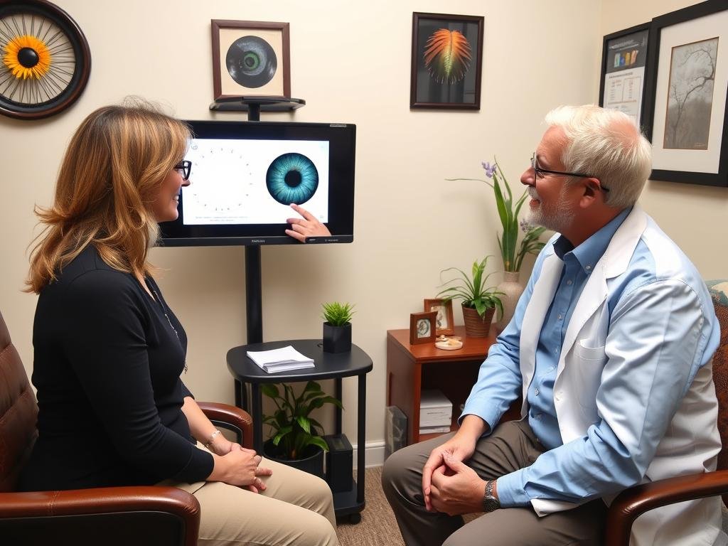 Iridologist discussing iris analysis results with a client during a consultation
