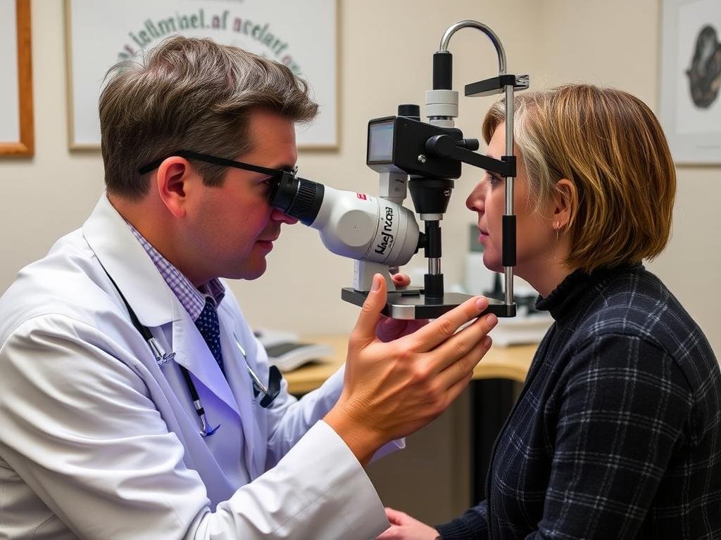 Iridologist examining a client's iris with specialized equipment to identify patterns related to iridology meaning