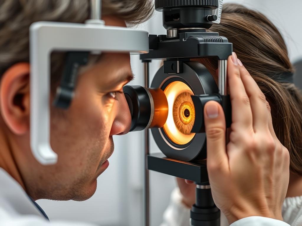 Iridologist examining a patient's iris with specialized equipment