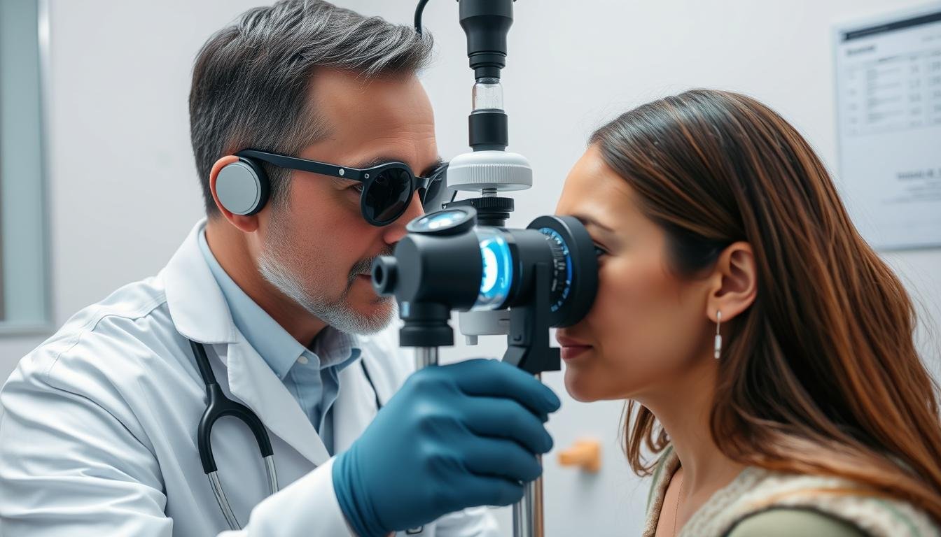 Iridologist examining a patient's iris with specialized equipment