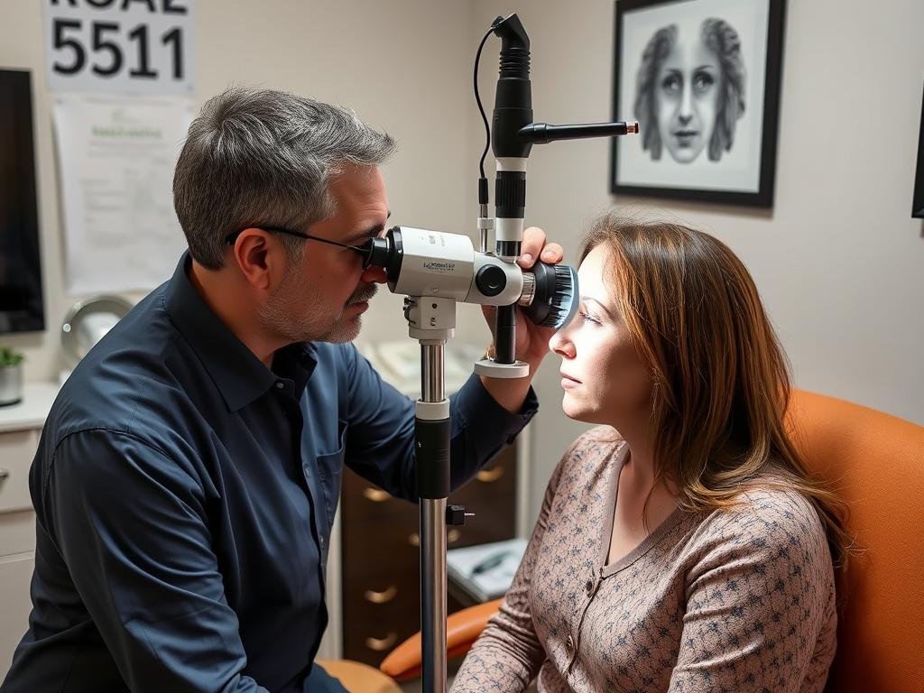 Iridologist examining a patient's iris with specialized equipment to determine health patterns