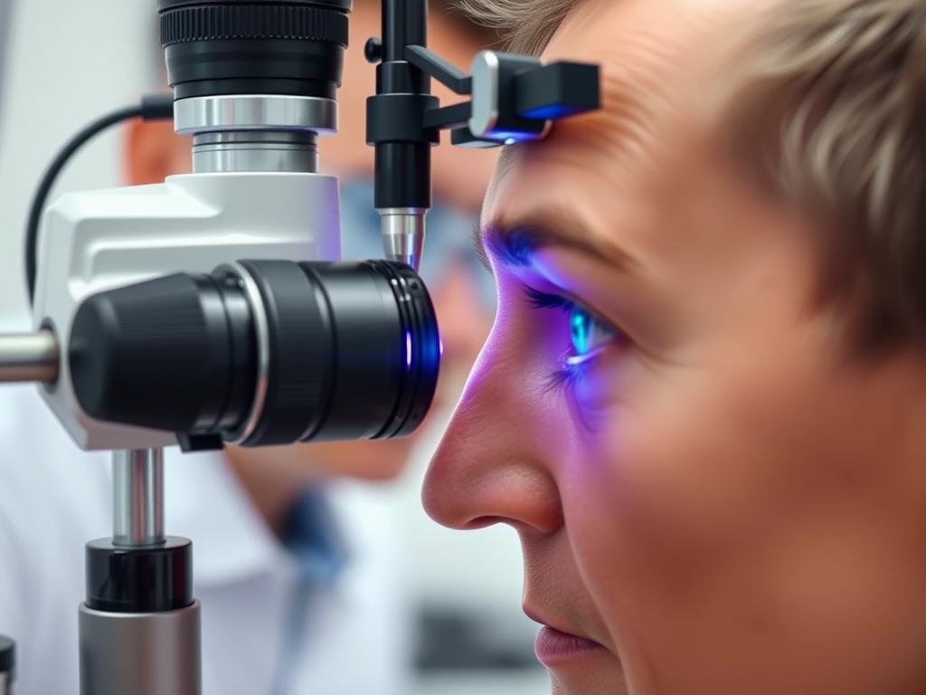 Iridologist examining a patient's iris with specialized equipment