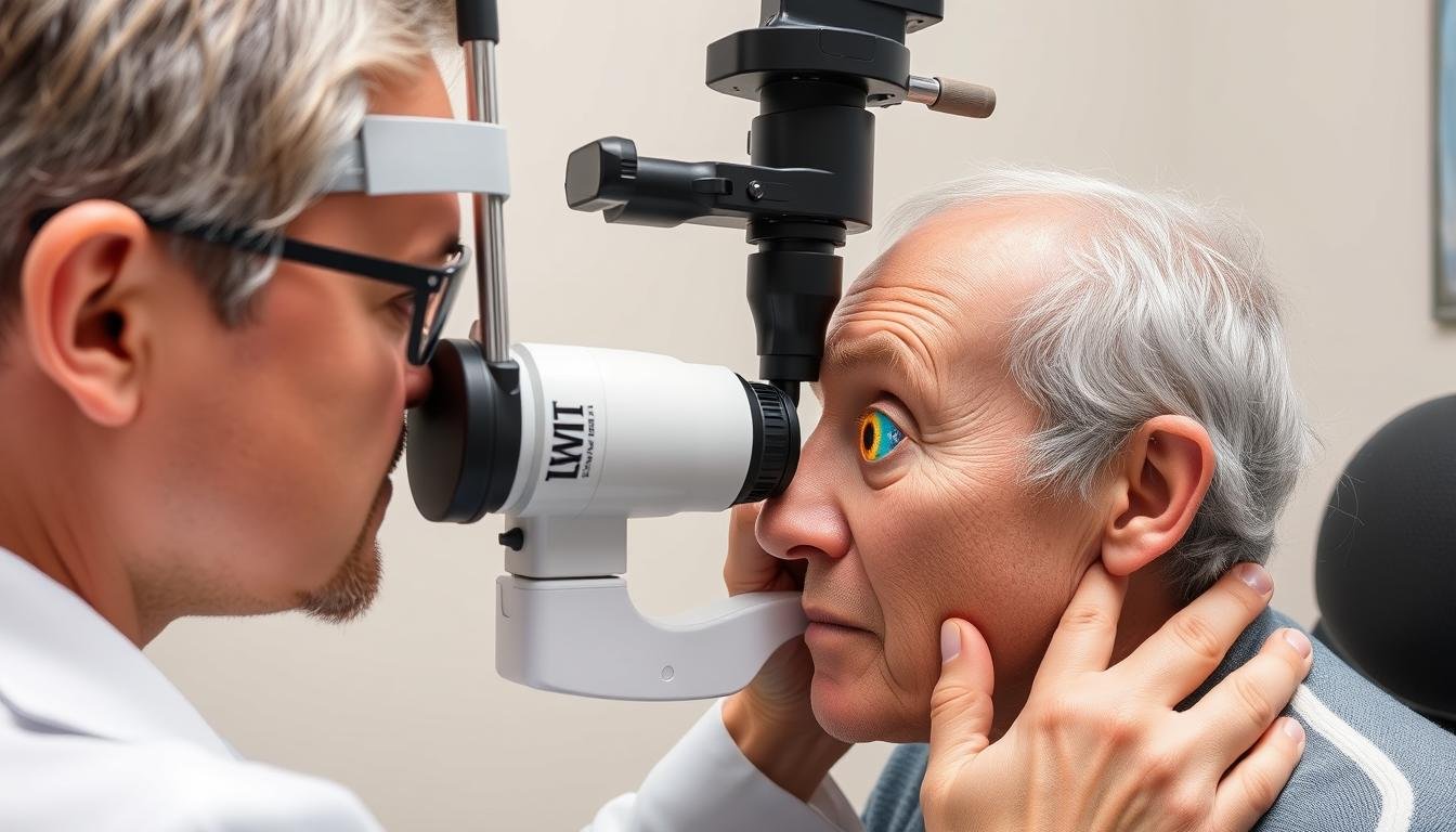 Iridologist performing iris diagnosis examination with specialized equipment