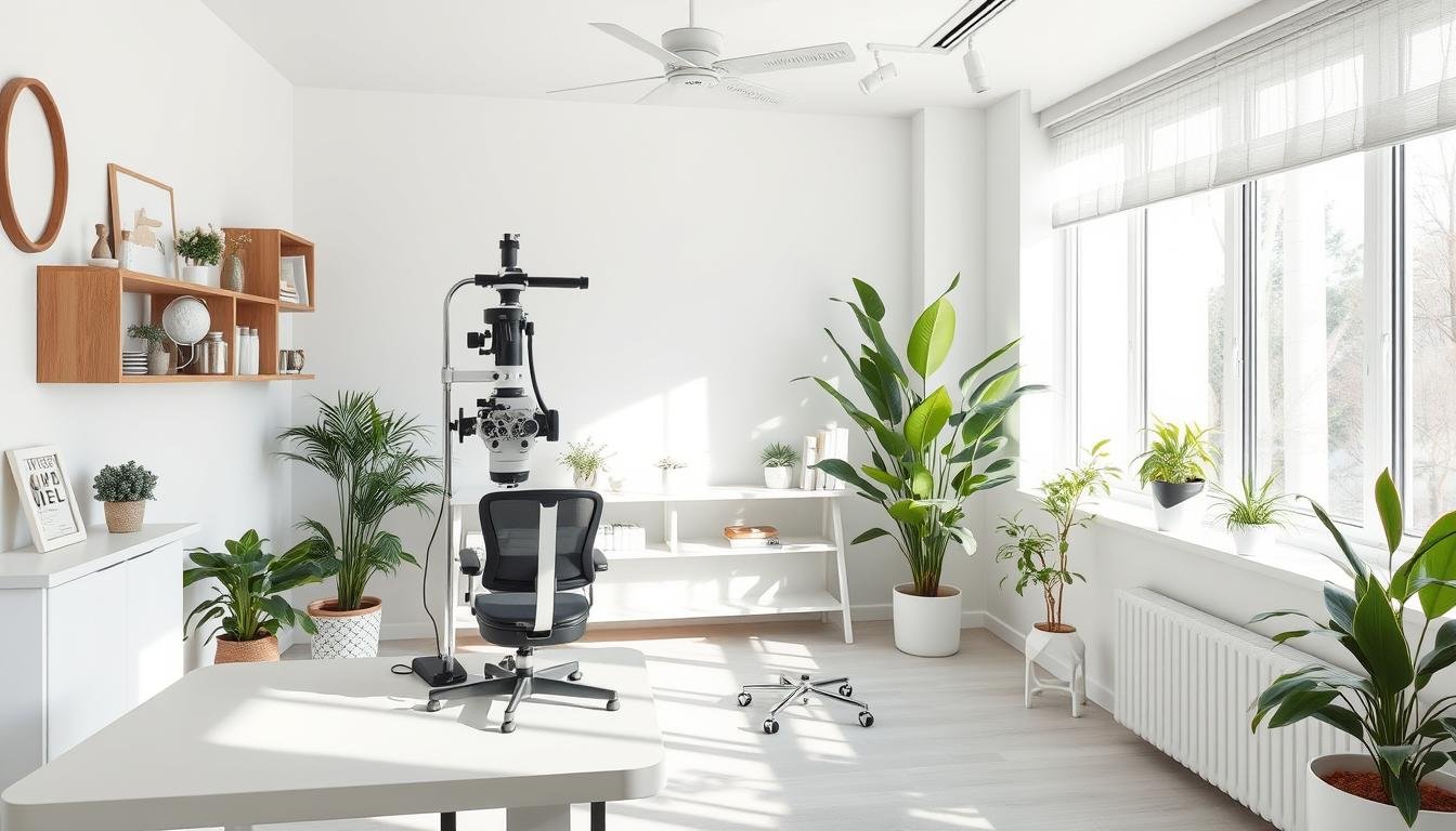 Iridologist working in a holistic health clinic with modern equipment