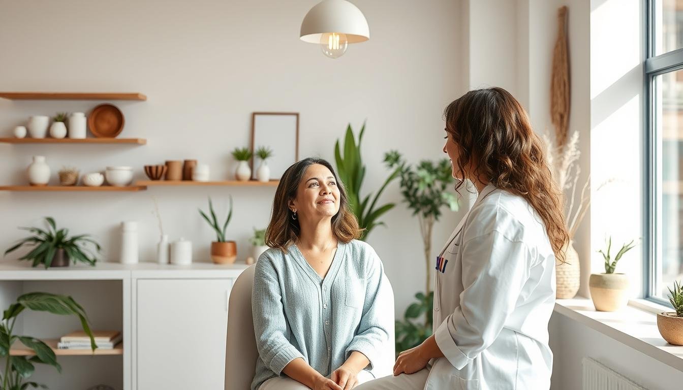 Iridologist working in a modern naturopathic clinic setting