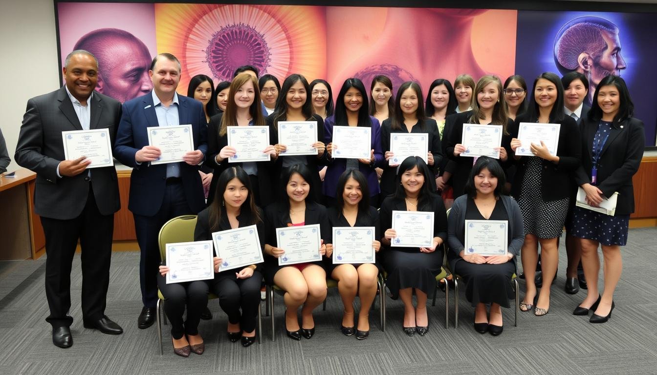 Iridology certification ceremony with graduates receiving diplomas