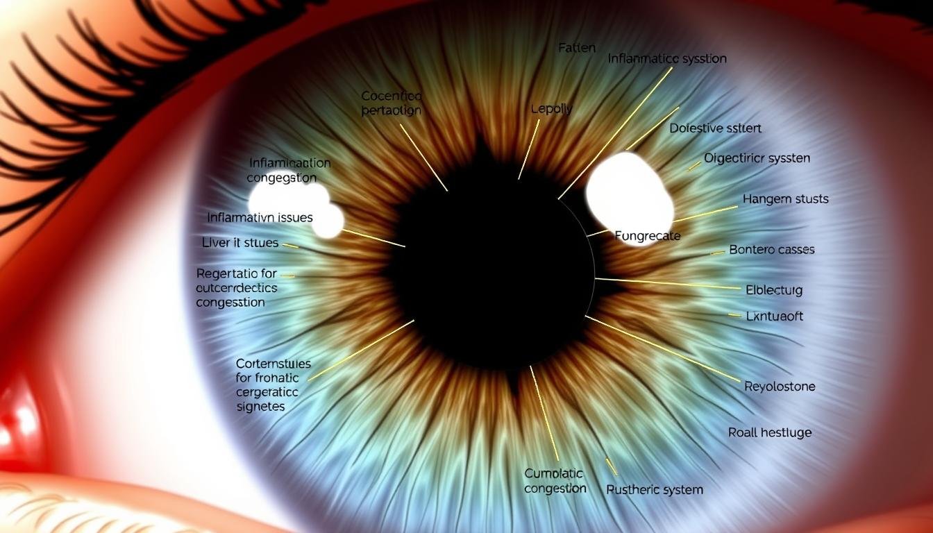 Iridology chart showing different health conditions mapped to iris regions Iridology chart showing different health conditions mapped to iris regions