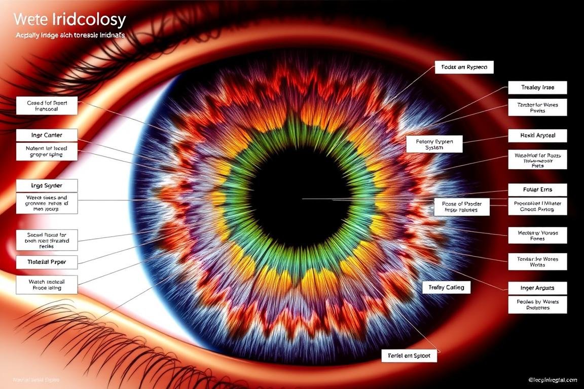 Iridology chart showing different zones of the iris and their corresponding body systems