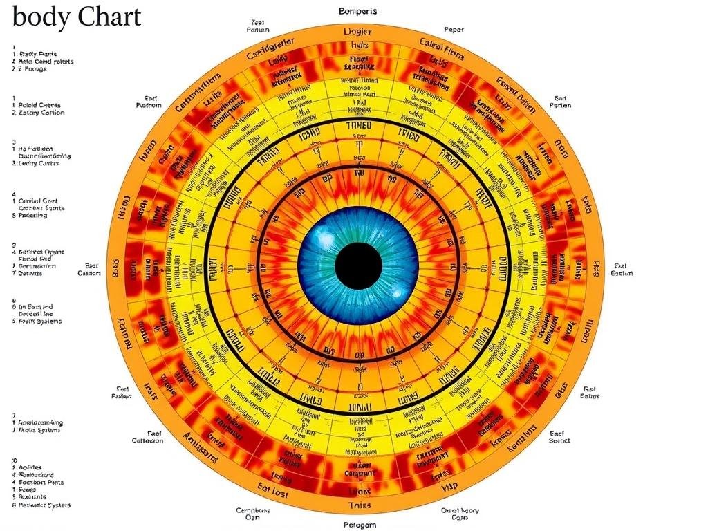 Iridology chart showing how different areas of the iris correspond to various body systems according to iridology meaning