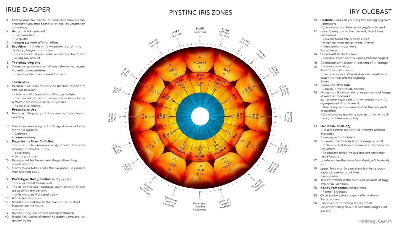 Iridology chart showing how different sections of the iris correspond to body organs according to iridology definition